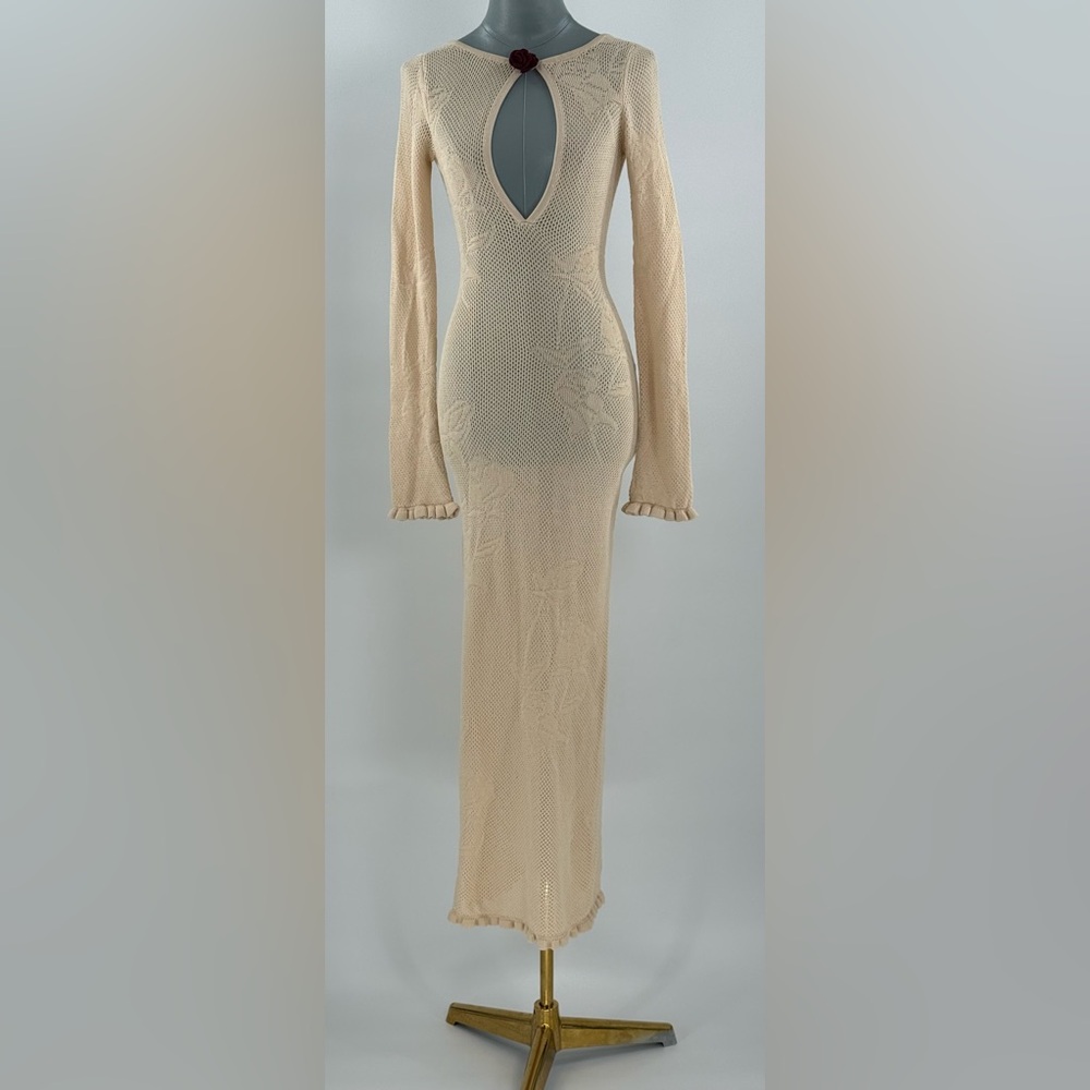 🆕 MIRROR PALAIS 🧿 NWOT Rose Pointelle Crochet Knit Dress, Soft Beige - Sz S - Picture 13 of 17